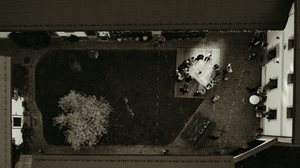 Atrium – černobílá fotografie pořízená z výšky, zabírá atrium domu lemované chodníkem z kočičích hlav, uprostřed je trávník a rozkvetlý strom a v jedné části je nevěsta obklopená svatebními hosty